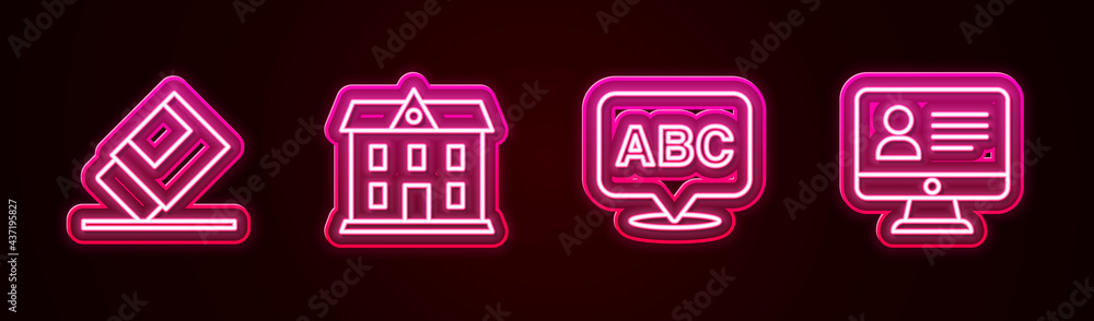 Set line Eraser or rubber, School building, Alphabet and Online class. Glowing neon icon. Vector Set line Eraser or rubber, School building, Alphabet and Online class. Glowing neon icon. Vector