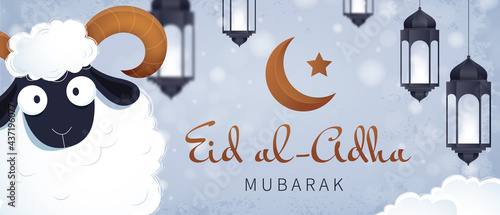 Muslim holiday Eid al-Adha. White ram and hanging lamps. Islamic greeting card, poster, banner or flyer. 