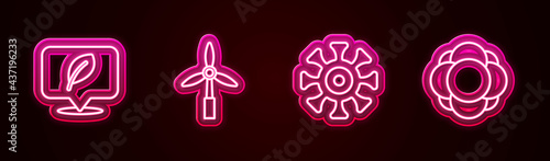 Set line Location with leaf, Wind turbine, Bacteria and Molecule. Glowing neon icon. Vector