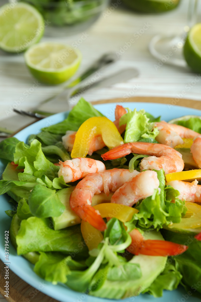 Concept of tasty eating with shrimp salad, close up Concept of tasty eating with shrimp salad, close up