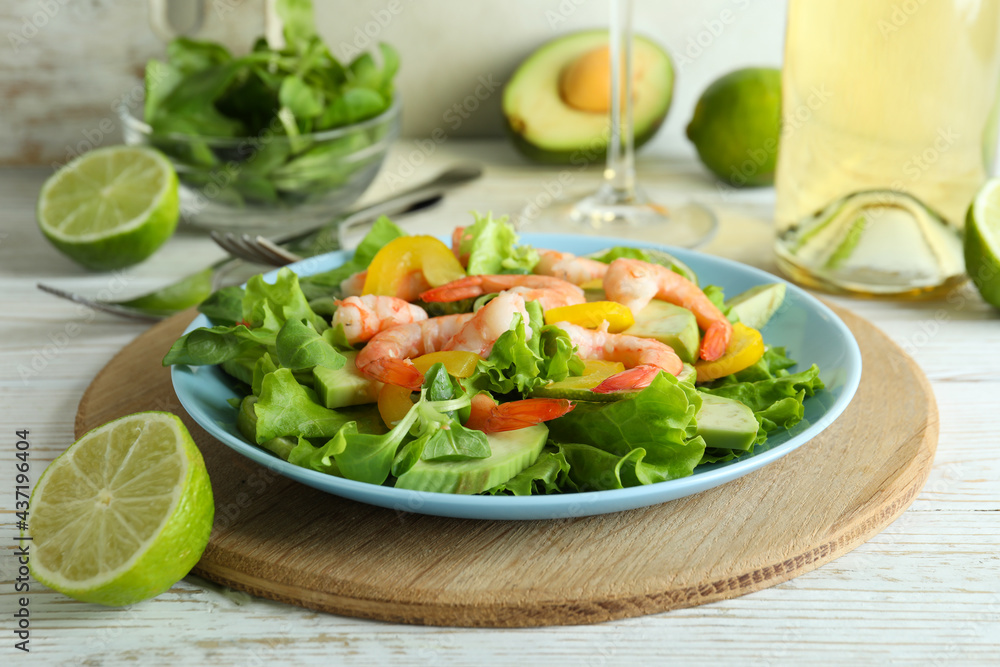Concept of tasty eating with shrimp salad, close up Concept of tasty eating with shrimp salad, close up