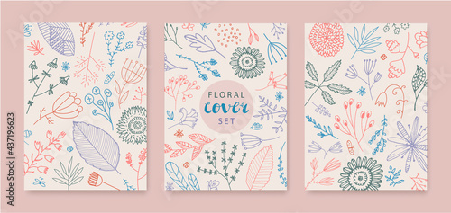 Set of vector abstract creative universal artistic templates - doodle hand drawn flowers, leaves. Use for poster, card, invitation, flyer, cover, banner, placard, brochure, graphic design.