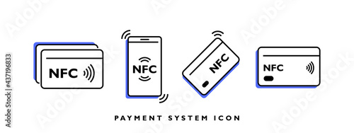 Set of NFC wireless payment linear icons. Tap to pay with credit card. Smart NFC technology for fast payment. Vector illustration