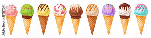 Colorful ice cream set.Tasty summer dessert.Ice-cream scoop and waffle cone with different toppings. Vector illustration of seasonal healthy food for takeout, café, bar menu, banner.