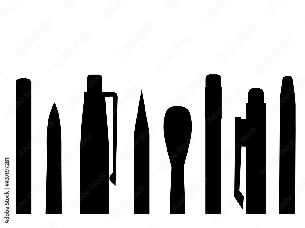 Stationery. Horizontal background silhouette picture for art studio, stationery store, school. Isolated object. Brushes, pencils, felt-tip pens. Bottom frame for banner, poster, business card. Vector Stationery. Horizontal background silhouette picture for art studio, stationery store, school. Isolated object. Brushes, pencils, felt-tip pens. Bottom frame for banner, poster, business card. Vector