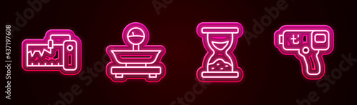 Set line Measuring instrument, Scales, Old hourglass with sand and Digital thermometer. Glowing neon icon. Vector