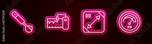 Set line Measuring spoon, instrument, Diagonal measuring and Speedometer. Glowing neon icon. Vector