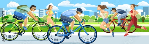The girls are running. Guys ride bicycles. Urban sports. Fitness and healthy lifestyle. Flat cartoon style. Women runners and men cyclists. In the city park. Athletics. Illustration Vector