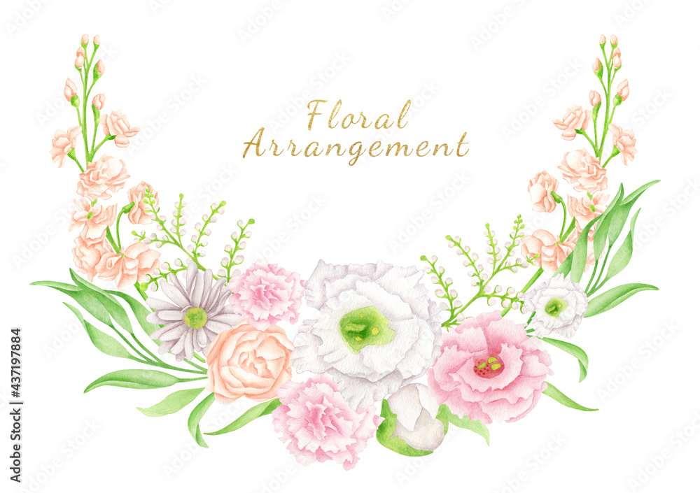 Watercolor floral wreath. Hand drawn flower bouquet arrangement isolated on white background. Botanical composition. Pink, blush and white flower buds for wedding invitations, save the date, cards.