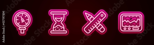 Set line Pressure water meter, Old hourglass with sand, Crossed ruler pencil and Measuring instrument. Glowing neon icon. Vector