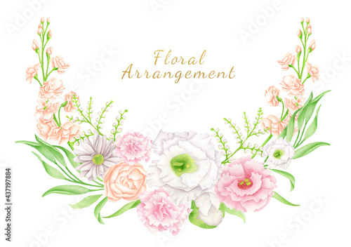 Watercolor floral wreath. Hand drawn flower bouquet arrangement isolated on white background. Botanical composition. Pink  blush and white flower buds for wedding invitations  save the date  cards.
