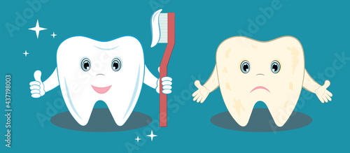 Healthy and aching tooth. A healthy tooth is well cleaned and shines. A bad tooth is sad. Illustration for dentistry that you need to care for your teeth.