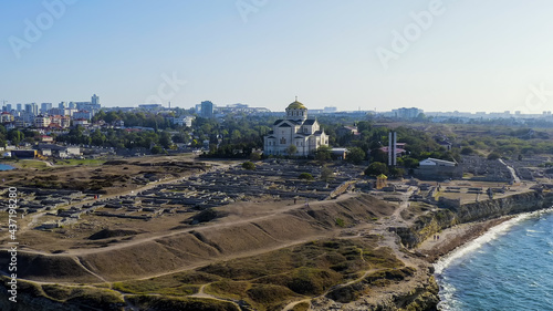 Sevastopol, Crimea. Vladimirsky Cathedral in Chersonesos. Chersonesus Tauric - founded by the ancient Greeks on the Heracles peninsula on the Crimean coast, Aerial View photo