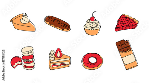 Continuous line desserts. Sweet food monoline concept with cakes pies donut eclair cupcake and chocolate. Vector one line sweets set