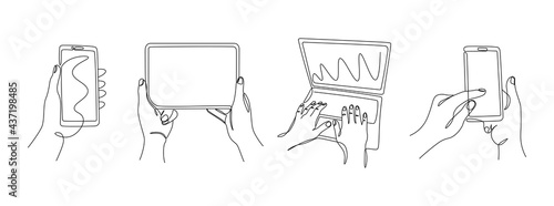 Continuous line hands with gadgets. One line female hands using phones laptop and tablet. Vector monoline set photo