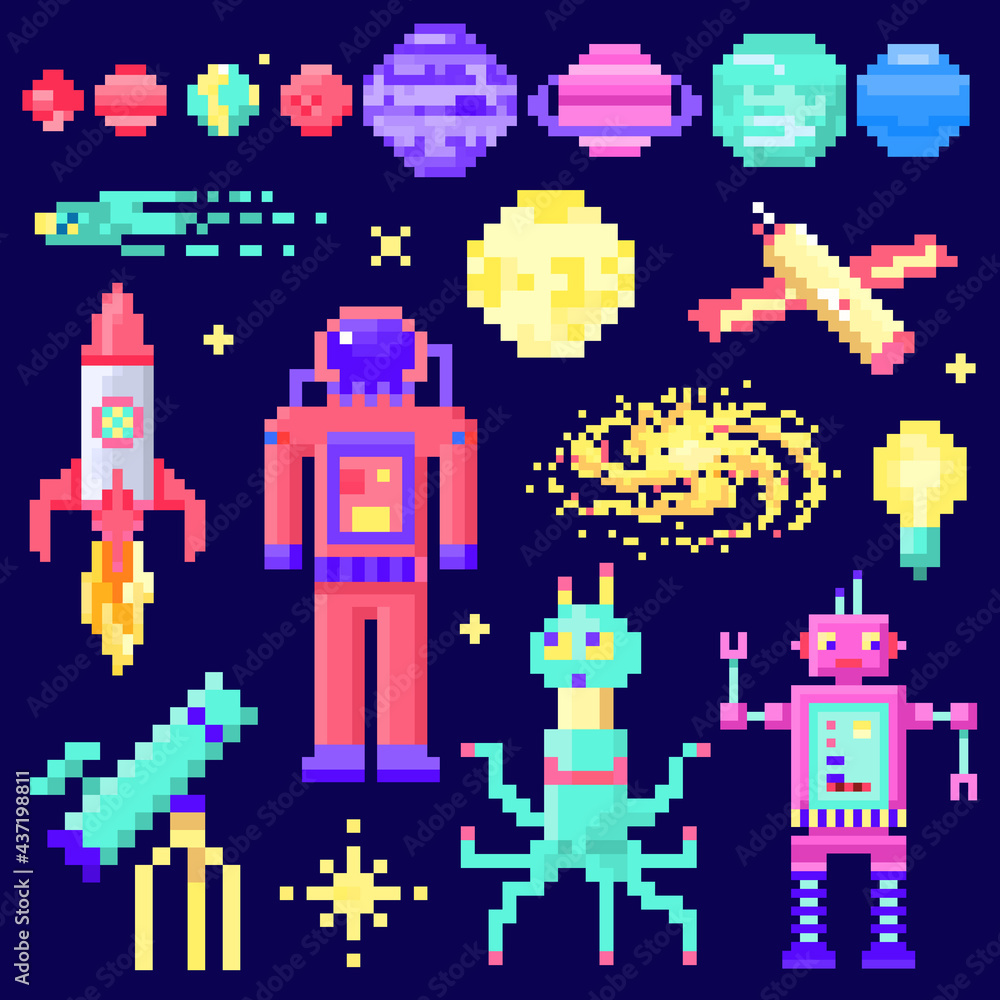 Set of space stars, alien spaceman, robot rocket and satellite cubes solar system planets pixel art, digital vintage game style. Mercury, Venus, Earth, Mars, Jupiter, Saturn. icons composition.