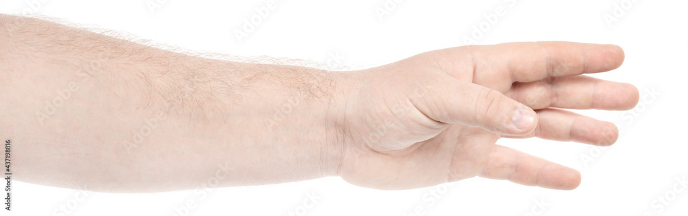 Male caucasian hands isolated white background showing gesture holds something or takes, gives. man hands showing different gestures Male caucasian hands isolated white background showing gesture holds something or takes, gives. man hands showing different gestures