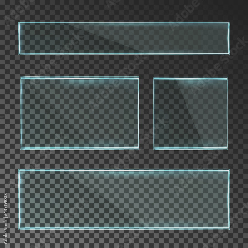 Set of vector realistic transparent glass plates isolated on a translucent translucent background.Set Glass vector realistic transparent banner with light effects.