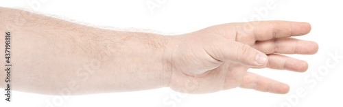 Male caucasian hands isolated white background showing gesture holds something or takes, gives. man hands showing different gestures