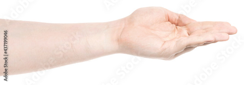 Male caucasian hands isolated white background showing gesture holds something or takes, gives. man hands showing different gestures