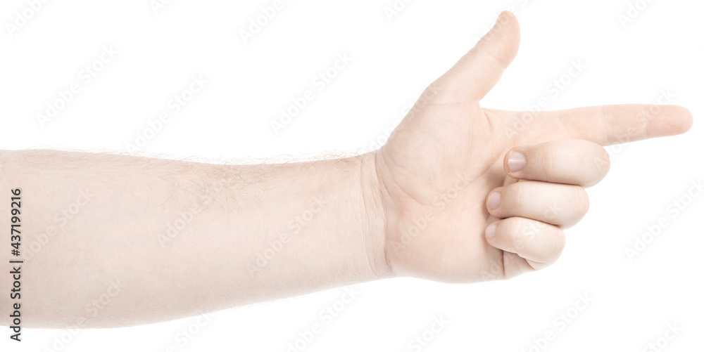 Male caucasian hands isolated white background showing gesture points finger to something or someone. man hands showing different gestures. forefinger Male caucasian hands isolated white background showing gesture points finger to something or someone. man hands showing different gestures. forefinger