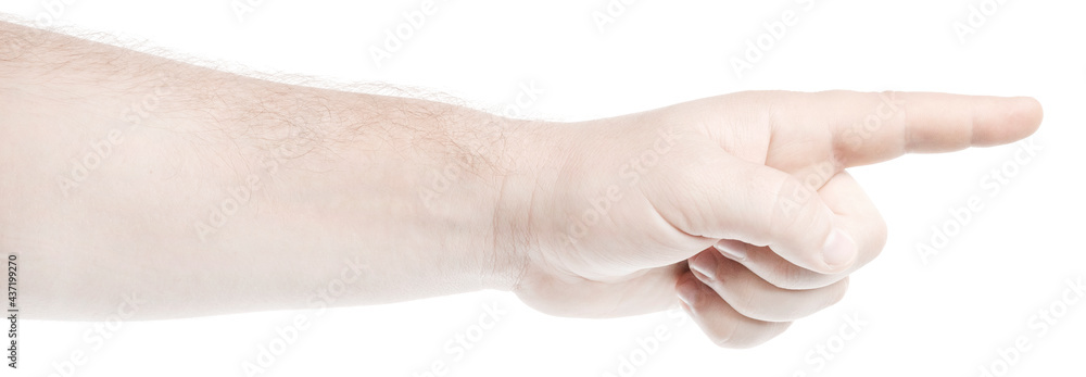 Male caucasian hands isolated white background showing gesture points finger to something or someone. man hands showing different gestures. forefinger Male caucasian hands isolated white background showing gesture points finger to something or someone. man hands showing different gestures. forefinger