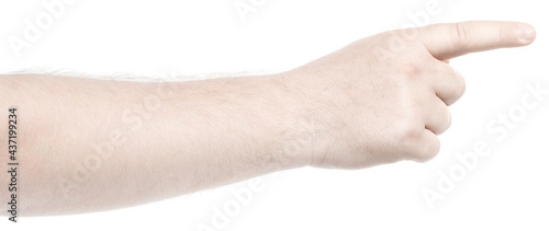 Male caucasian hands isolated white background showing gesture points finger to something or someone. man hands showing different gestures. forefinger