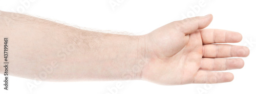 Male caucasian hands isolated white background showing various finger gestures. man hands showing different gestures