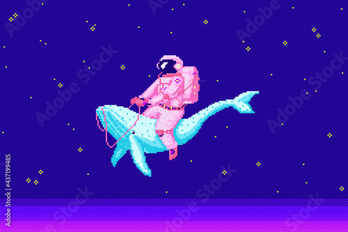 Pixel art astronaut. Spaceman 8 bit objects. Space art, digital icons. cosmonaut on a whale. Retro assets. Vintage game style. Set of characters. Vector illustration.