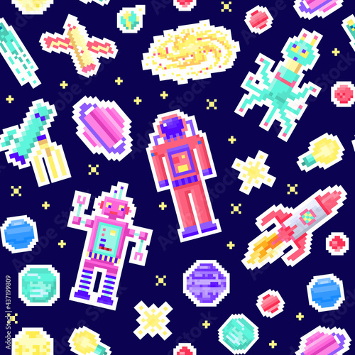 Space stars Seamless pattern. Alien spaceman, robot rocket and satellite cubes solar system planets pixel art, digital vintage game style. Mercury, Venus, Earth, Mars, Jupiter. icons composition.