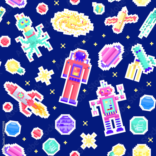 Space stars Seamless pattern. Alien spaceman, robot rocket and satellite cubes solar system planets pixel art, digital vintage game style. Mercury, Venus, Earth, Mars, Jupiter. icons composition.