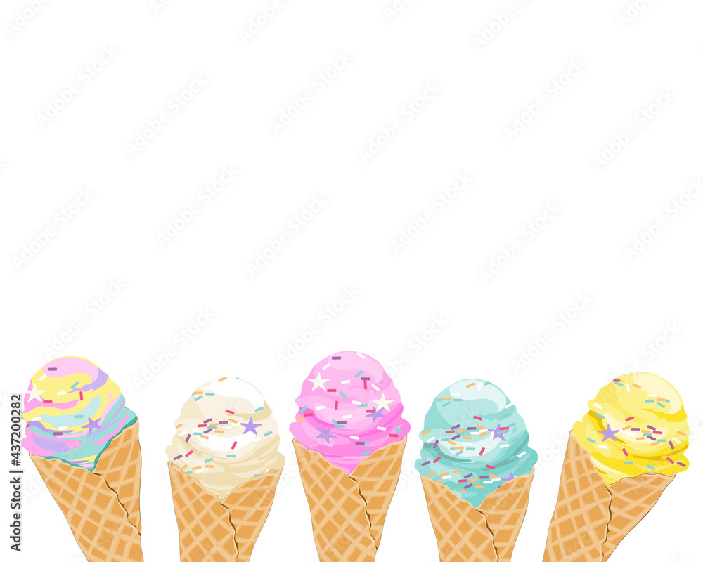 Ice cream cone with different flavor. rainbow, strawberry, vanilla, mint, milk ice cream. Isolated colorful ice cream cone on white background. Food and snack vector illustration. Anime food. Ice cream cone with different flavor. rainbow, strawberry, vanilla, mint, milk ice cream. Isolated colorful ice cream cone on white background. Food and snack vector illustration. Anime food.