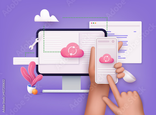 3D Cloud computing upload and download data online service with mobile and computer.