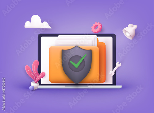 Secure confidential files folder with paper documents access and private lock. 3D Vector Illustrations.
