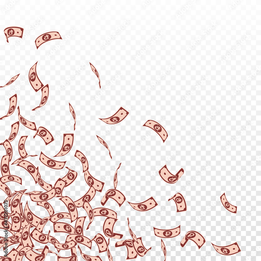 Russian ruble notes falling. Small RUB bills on tr Russian ruble notes falling. Small RUB bills on tr