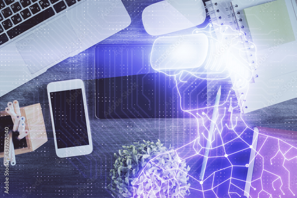 Double exposure of drawing man in AR glasses over table with phone. Top view. VR concept. Double exposure of drawing man in AR glasses over table with phone. Top view. VR concept.