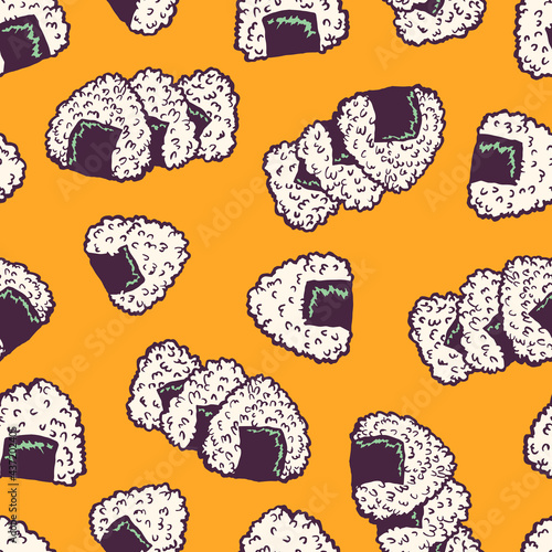 Onigiri. Rice bowl in nori seaweed. Traditional japanese fast food. Bento lunch. Vintage retro style. Seamless background with pattern.