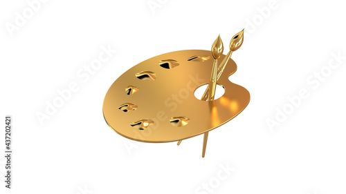 gold palette with gold paints and brushes on white background 