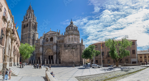Panoramic view at the plaza del ayuntamiento in Toledo, Primate Cathedral of Saint Mary of Toledo main front facade, Santa Iglesia Catedral Primada de Toledo,  Toledo Cathedral photo