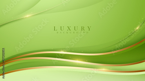Luxury scene green color pastel. Golden curve lines sparkle with free space for paste promotional text. Elegant paper cut style background. Vector illustration for design.