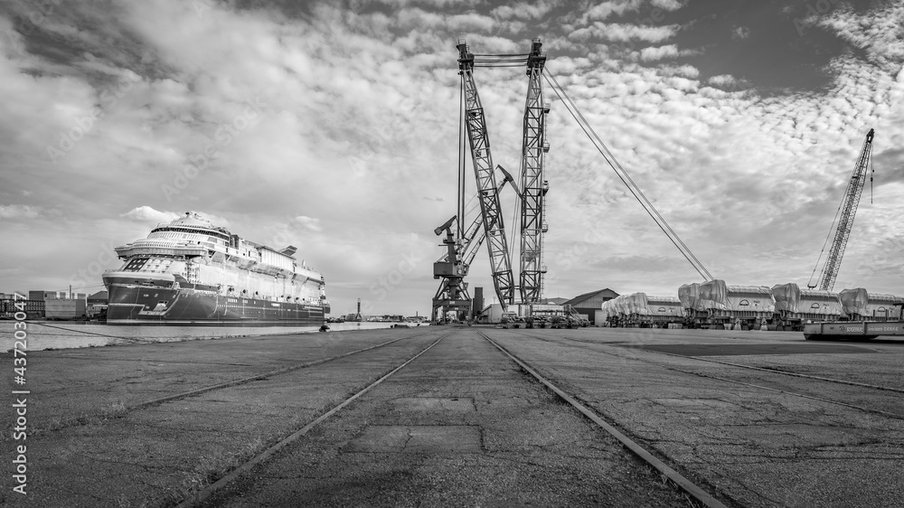 Industrial landscape and the Liner under construction in the Atlantic shipyards in Saint Nazaire in France on May 31th 2021