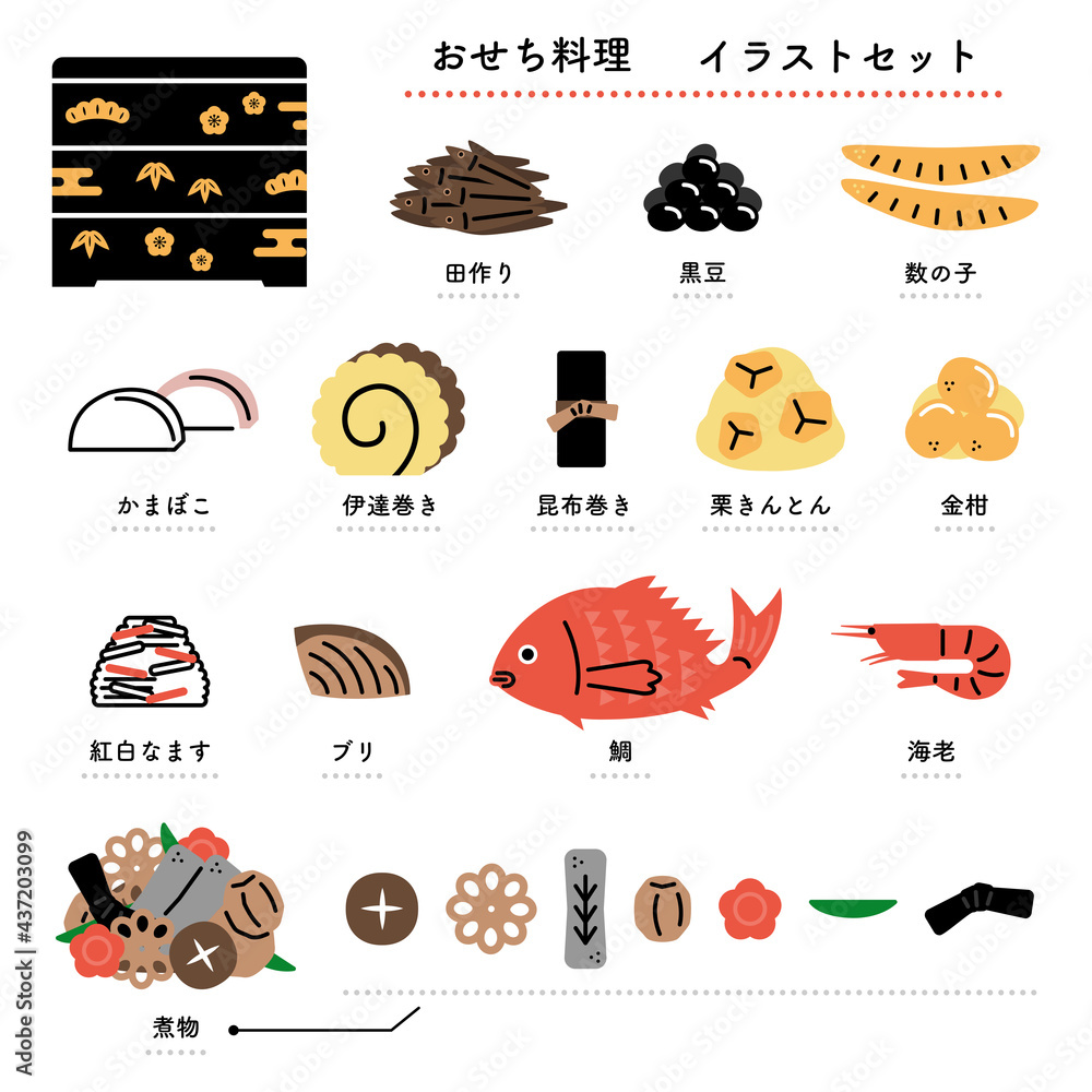 おせち料理のメニュー イラストセット 日本語バージョン Stock Vector Adobe Stock おせち料理のメニュー イラストセット 日本語バージョン Stock Vector Adobe Stock