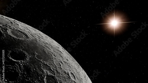 realistic moon in space, realistic moon surface, moon craters 3d render	