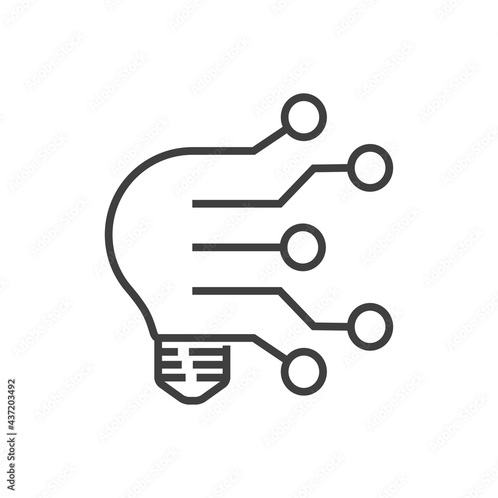 Tecnología electrónica. Bombilla con circuito digital con lineas de color gris Tecnología electrónica. Bombilla con circuito digital con lineas de color gris