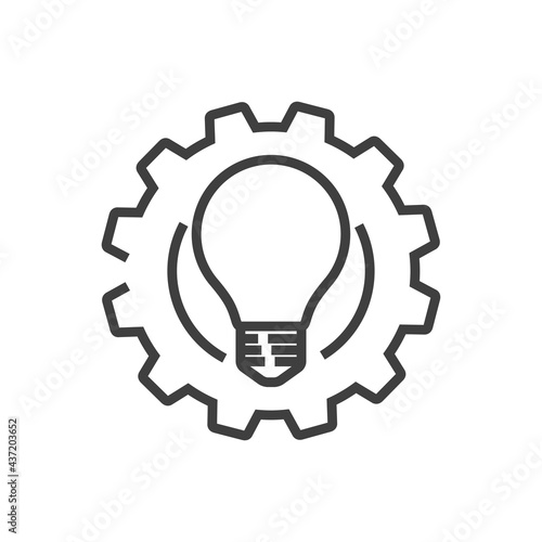 Logotipo de bombilla en engranaje con lineas en color gris