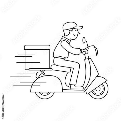 Delivery man riding motorcycle, Send order package to customer, Express delivery bike service, Linear design, Isolated on white background, Vector Illustration