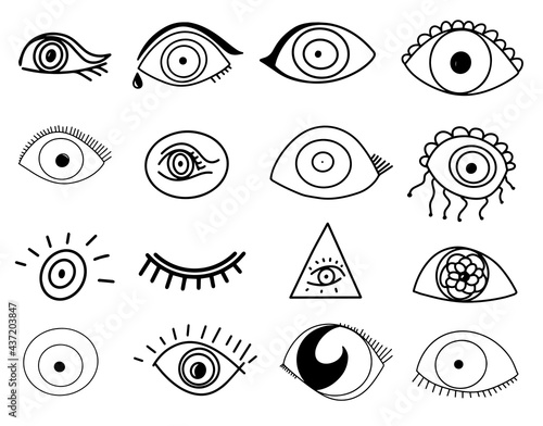 Set of Amulet from the evil eye, collection of eyes from the evil eye, set of doodles, eye icons, set of boho elements, freehand drawings, line art, isolated background
