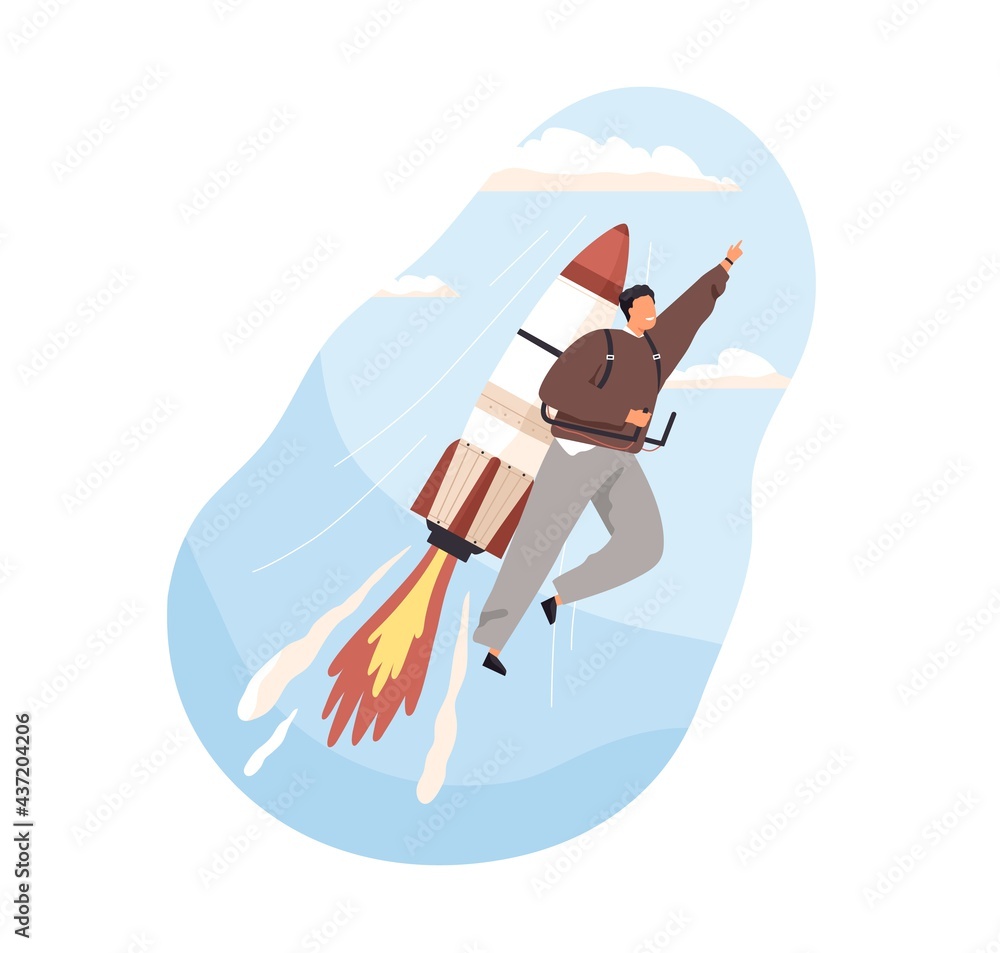 Fototapeta premium Fast successful launch of business startup concept. Ambitious man on rocket, developing and achieving career goals. Colored flat vector illustration of entrepreneur isolated on white background