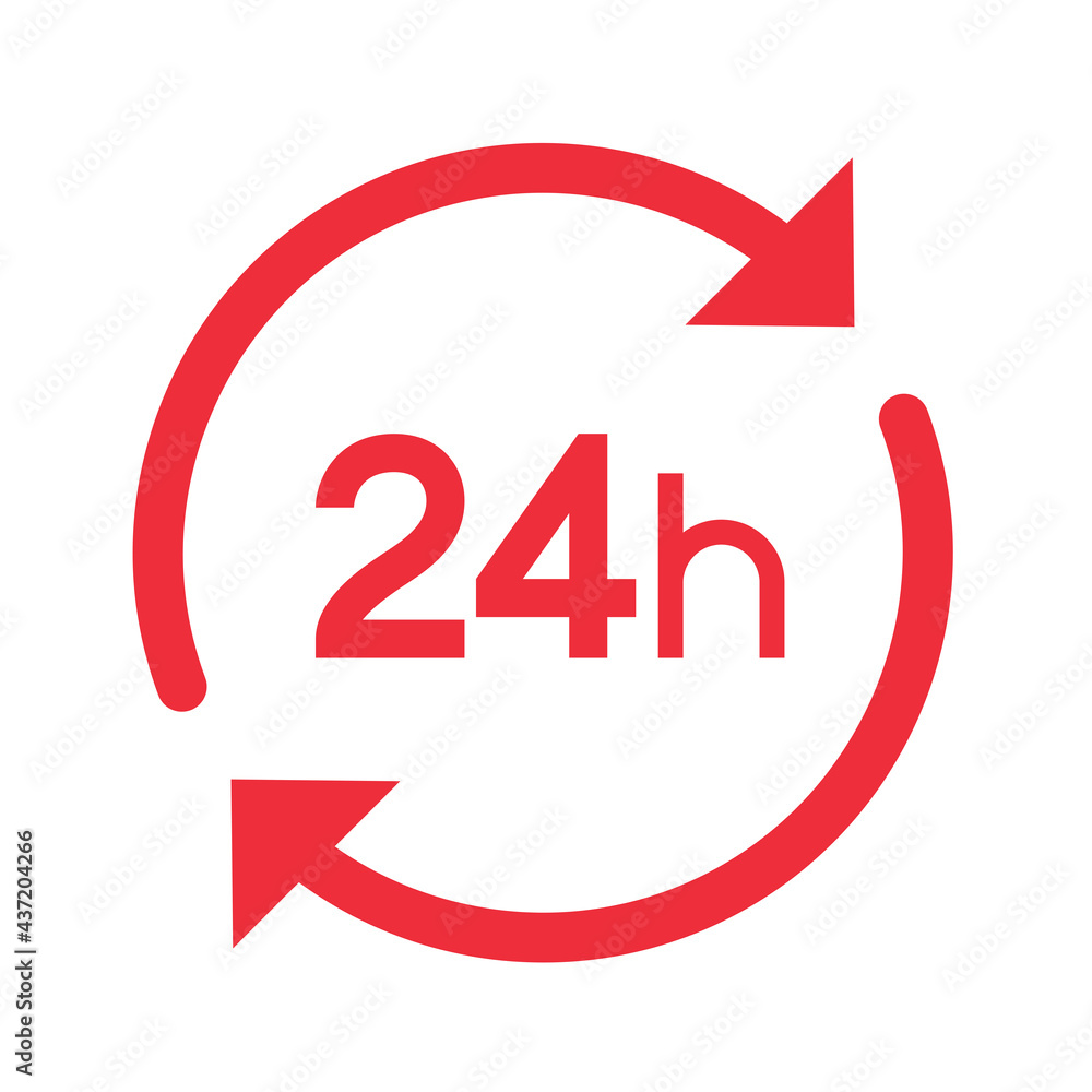 Twenty four hour with arrow loop icon, 24 hours cyclic sign, Opened order execution or delivery, All day business and service, Vector design illustration Twenty four hour with arrow loop icon, 24 hours cyclic sign, Opened order execution or delivery, All day business and service, Vector design illustration