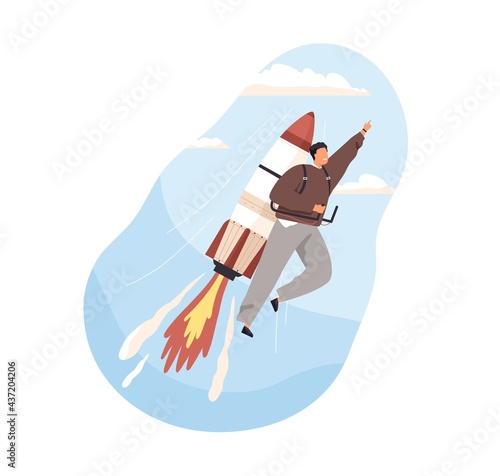 Fast successful launch of business startup concept. Ambitious man on rocket, developing and achieving career goals. Colored flat vector illustration of entrepreneur isolated on white background